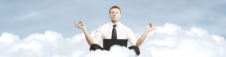 office worker meditating on a cloud